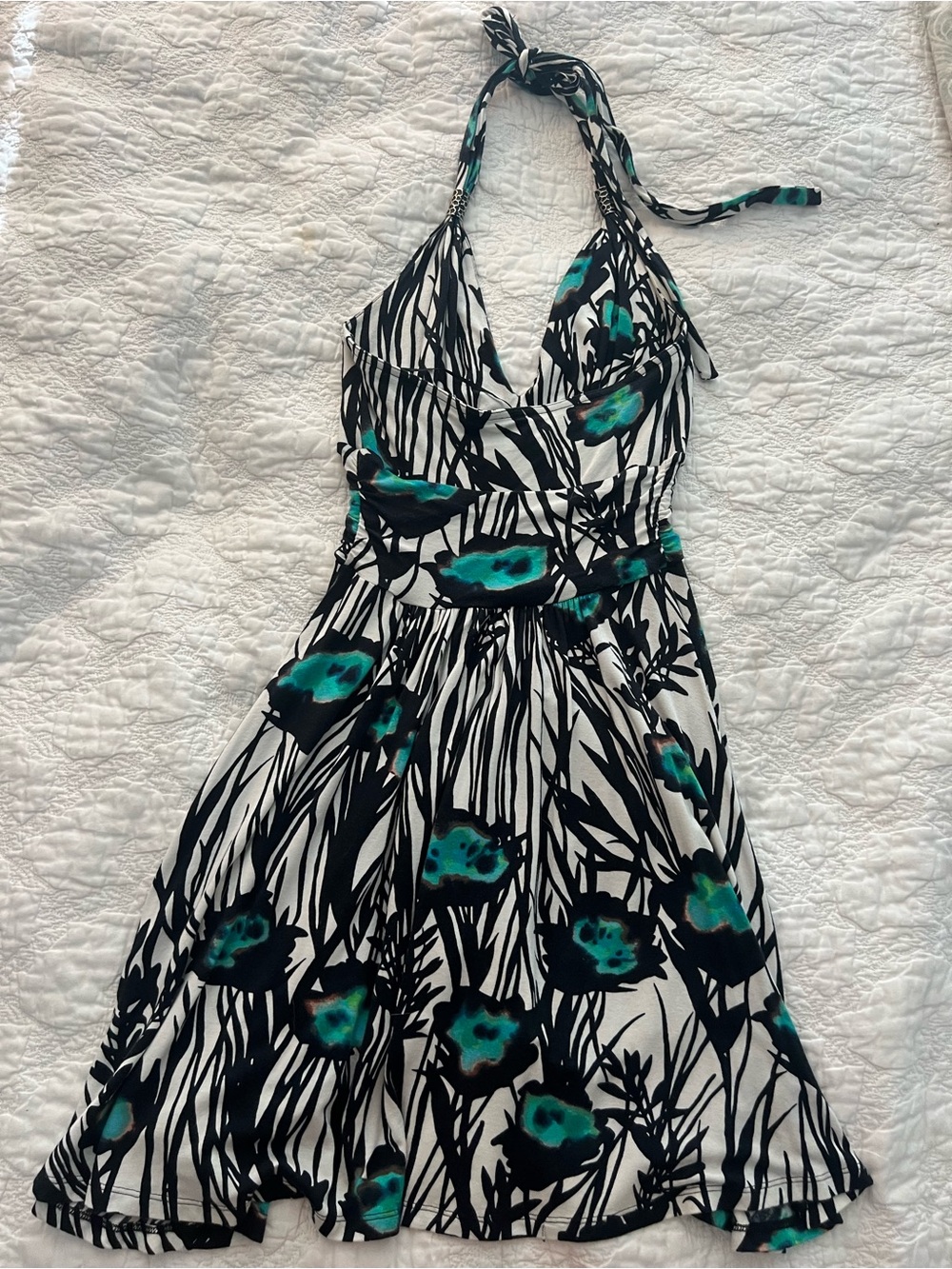Express Halter Dress in Black, White & Teal